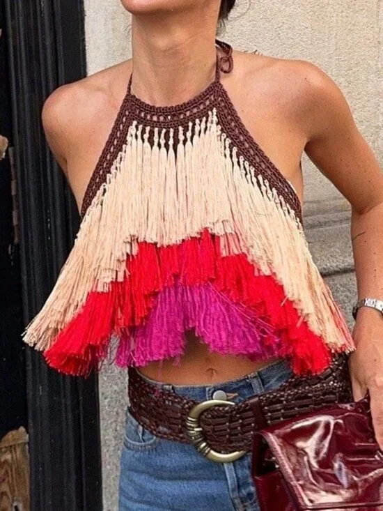 Multicolor Casual Women's Boho Crochet Fringe Halter Crop Tank Top - Picture 3 of 7